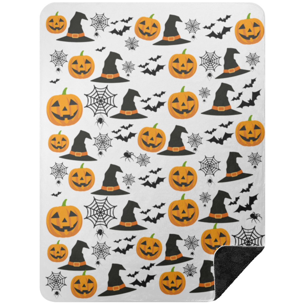 Premium Black Sherpa Blanket 60x80: HALLOWEEN PUMPKINS, WITCH HATS, BATS, SPIDERS BLANKET