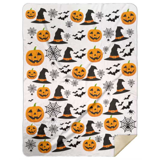 Premium Sherpa Blanket 60x80: HALLOWEEN PUMPKINS, WITCH HATS, BATS, SPIDERS