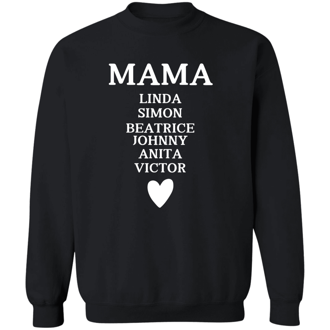 G180 Crewneck Pullover Sweatshirt: MAMA LINDA SIMON BEATRICE JOHNNY ANITA VICTOR