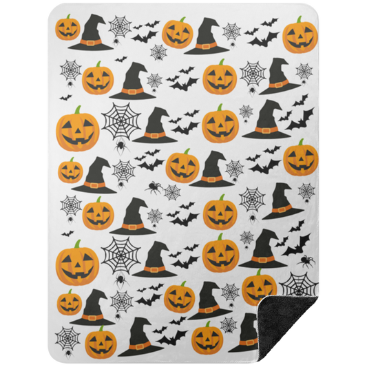 Premium Black Sherpa Blanket 60x80: HALLOWEEN PUMPKINS, WITCH HATS, BATS, SPIDERS BLANKET