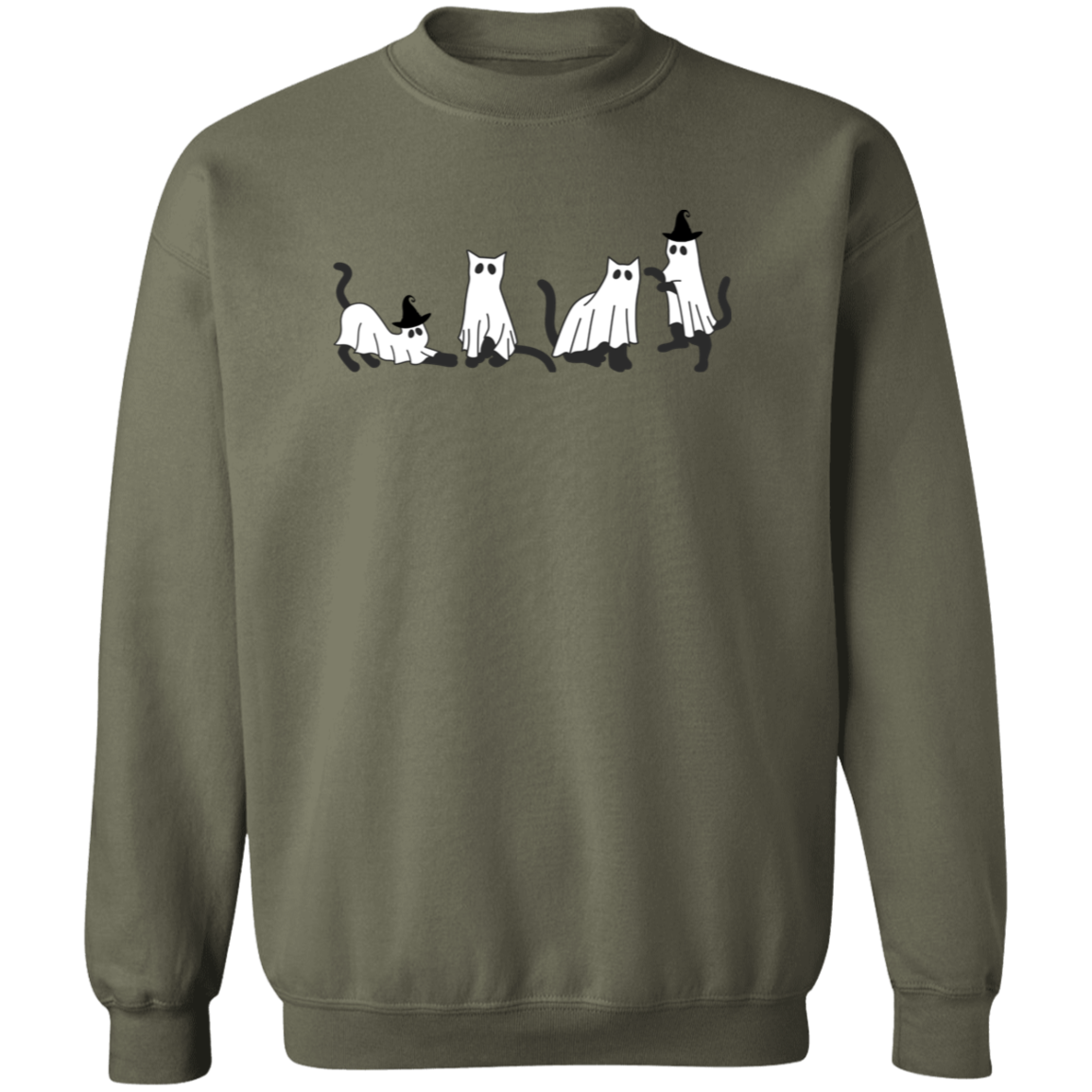 Crewneck Pullover Sweatshirt: HALLOWEEN BLACK CAT GHOSTS