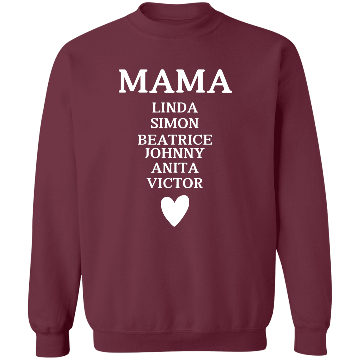 G180 Crewneck Pullover Sweatshirt: MAMA LINDA SIMON BEATRICE JOHNNY ANITA VICTOR