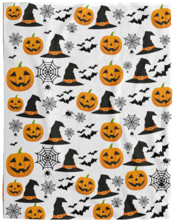 Plush Fleece Blanket - 60x80: HALLOWEEN PUMPKINS WITCH HAT BATS SPIDERS BLANKET