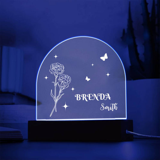 Acrylic Dome Plaque: BRENDA SMITH WITH JANUARY CARNATION BIRTH FLOWER