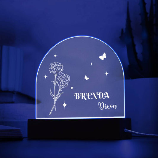 Acrylic Dome Plaque: BRENDA DIXON WITH JANUARY CARNATION BIRTH FLOWER