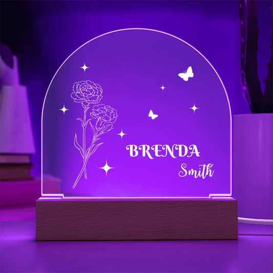 Acrylic Dome Plaque: BRENDA SMITH WITH JANUARY CARNATION BIRTH FLOWER