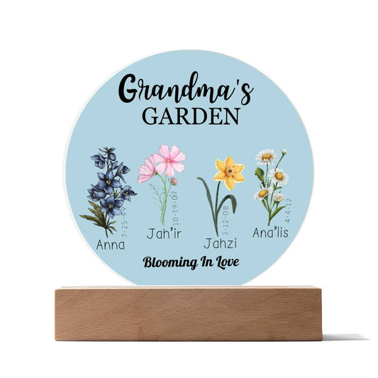 Acrylic Circle Plaque: GRANDMA'S GARDEN WITH BIRTH MONTH FLOWER ANNA JAH'IR JAHZI ANA'LIS