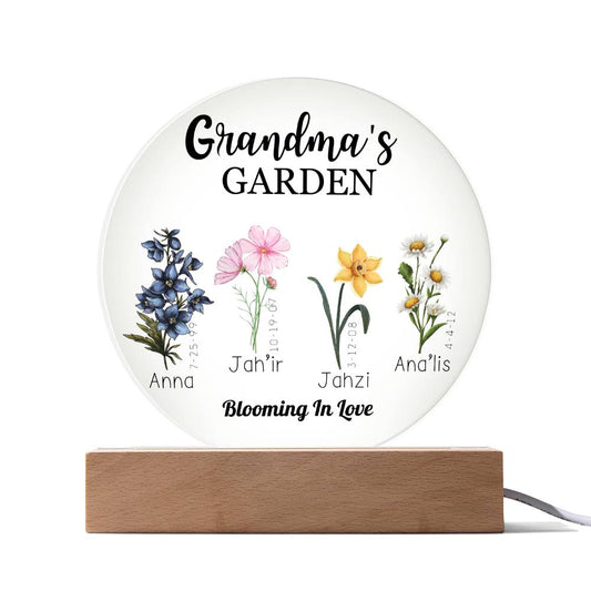 Acrylic Circle Plaque:  GRANDMA'S GARDEN WITH BIRTH MONTH FLOWER ANNA JAH'IR JAHZI ANA'LIS