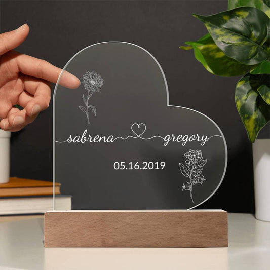 Acrylic Heart Plaque: Sabrena Loves/Heart Gregory 05.16.2019 With Birth Flowers