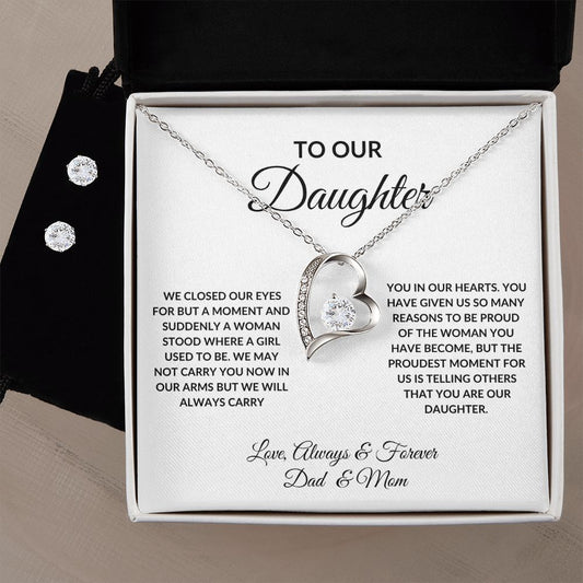 Forever Love Knot and CZ Stud Earrings: TO OUR DAUGHTER WE CLOSED OUR EYES FOR BUT A MOMENT AND SUDDENLY,...LOVE ALWAYS & FOREVER, DAD & MOM
