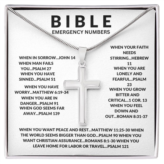 Stainless Cross Necklace: BIBLE EMERGENCY NUMBERS WHEN IN SORROW.....JOHN 14 WHEN MAN FAILS YOU.....PSALM 27