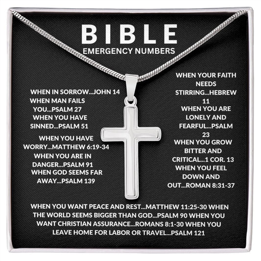 Stainless Cross Necklace w/MC: BIBLE EMERGENCY NUMBERS WHEN IN SORROW.....JOHN 14 WHEN MAN FAILS YOU.....PSALM 27